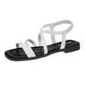 Side view of white criss-cross flat Roman sandals with a comfortable elastic back strap - 35 / White
