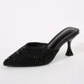 Elegant black pointed toe kitten heel mules featuring a shimmering glitter upper - 36 / Black