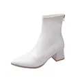 Detailed view of white pointed-toe ankle boots with chunky medium heels - 35 / Single Lining / Beige