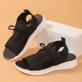 Breathable women's black fly-knit platform sports sandals with thick white soles for summer. - 36 / Black