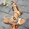 Elegant beige women's flat sandals with retro wooden rings and elastic straps outdoor - 36 / White