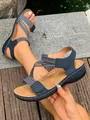 Navy blue lightweight sporty flat sandals for women featuring hook and loop straps for comfort - 36 / Blue