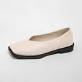 Elegant beige French-style flat shoes featuring square toe and stylish V-cut design - 35 / Beige
