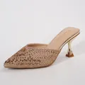 Champagne gold pointed toe stiletto mules with glittering rhinestone embellishments - 36 / Gold