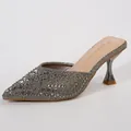 Elegant silver pointed-toe kitten heel mule with glittering studs and metallic flared heel - 36 / Gunmetal