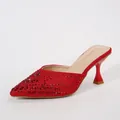 Elegant red rhinestone pointed toe mule sandals with stylish wine glass heels for women - Red