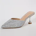 Elegant silver rhinestone pointed toe mule high heel with flared kitten heel for women - 36 / Silver
