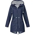 Detailed view of navy blue mid-length waterproof raincoat with striped hood lining. - S / Tops / Navy Blue