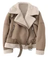 Schicke Damen Suede-Bikerjacke mit warmem Lammfellimitat-Futter und Reverskragen. - XS / Oberteile / Kaffeebraun