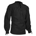 Vue détaillée d'une chemise médiévale noire pour homme avec manches lacées gothiques - S / Hauts / Noir