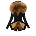 Parka d'hiver chaude pour femme en noir avec doublure épaisse en fausse fourrure brune - Noir Jaune