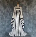 Front detail of a white Gothic medieval dress featuring trumpet sleeves and corset lacing. - White