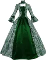 Robe de cour Renaissance vintage avec motifs floraux verts et manches cloche évasées - Vert Foncé