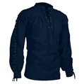 Vue détaillée d'une chemise Renaissance médiévale bleu marine avec laçage aux manches. - Bleu foncé