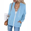 Detailed view of women's light blue zip-up hoodie featuring white drawstrings and pockets - Light Blue