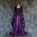 Detailed view of a purple Gothic medieval dress with trumpet sleeves and corset lacing. - S / Dresses / Purple