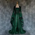 Detailed view of a dark green Gothic medieval dress with lace-up front and bell sleeves - S / Dresses / Green