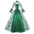 Elegant green and white vintage court evening gown featuring long flared bell sleeves. - S / Dresses / Green
