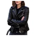 Close-up of black PU leather motorcycle jacket with zipper details - S / Tops / Black