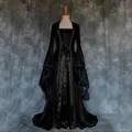 Elegant black gothic medieval maxi dress with dramatic flared sleeves and front lace-up - S / Dresses / Black