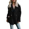 Detaillierte Vorderansicht der schwarzen Damen-Sherpa-Jacke mit Reverskragen und Knöpfen - Schwarz