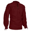 Vue détaillée de la chemise médiévale rouge bordeaux avec laçage sur les manches. - Bordeaux