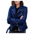 Close-up of a stylish blue faux leather motorcycle jacket with metallic zippers. - S / Tops / Dark Blue