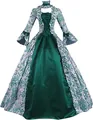 Vue détaillée d'une robe Renaissance vert foncé avec manches évasées et motifs floraux - Vert malachite