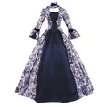 Detailed view of Victorian court style printed gown featuring elegant bell sleeves - Dark Blue