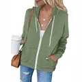 Stylish sage green zip-up hoodie for women with white drawstrings and cozy front pockets - Army Green
