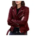 Detail view of a stylish slim-fit burgundy faux leather biker jacket for women on model - S / Tops / Burgundy