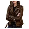 Close-up of a women's slim fit brown PU leather biker jacket with silver zippers - S / Tops / Brown