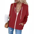 Close-up of a women's maroon zip-up hoodie with white drawstrings and pockets - 3XL / Tops / Red