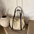 Borsa tote grande in tela beige con manici in pelle marrone per viaggi e uso quotidiano - Kaki