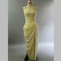 Detail view of pale yellow strapless gown with asymmetrical draping and high slit - S / Upgraded Version (With Boning Anti-Slip) / Light Yellow