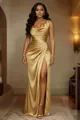 Elegant gold satin sleeveless high-slit maxi evening gown for formal parties and events - S / Dresses / Champagne