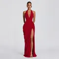 Elegant red halter V-neck evening dress featuring ruched bodice and a high thigh slit - XS / Dresses / Burgundy