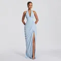 Elegant light blue halter neck maxi dress with pleated waist and high slit - XS / Dresses / Light Blue