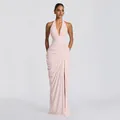 Elegant pink halter deep V-neck pleated evening gown with high slit for formal events. - XS / Dresses / Pink