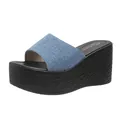 Blue denim strap wedge platform slippers with black woven texture sole for women - 34 / Denim Blue