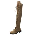 Elegante geschnürte Overknee-Stiefel aus khakifarbenem Wildleder mit runder Spitze - 34 / Khaki