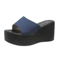 Women's platform wedge sandals featuring blue denim strap and black woven sole - 34 / Dark Blue