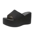 Women's black denim wedge sandals featuring a high platform and woven jute sole design - 34 / Black
