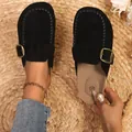 Elegant retro black suede clogs for women featuring a gold buckle and woven trim details - 35 / Black