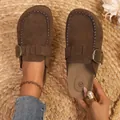 Women's brown suede-like Birkenstock-style clogs with buckle strap and braided trim - 35 / Brown
