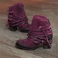 Vintage purple suede ankle boots with strap details and chunky heels on wooden floor - 38 / Burgundy