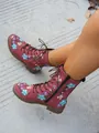 Elegant burgundy mid-calf boots with vintage floral embroidery and side zipper for women - 36 / Red