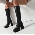 Elegant black thick platform chunky high heel stretch knee-high fashion boots for women - 35 / Black