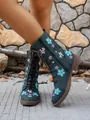 Vintage teal women's mid-calf boots with floral embroidery and side zipper closure - 36 / Blue
