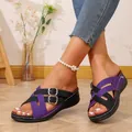 Stylish purple and black wedge platform slippers for women with double buckle detail - Purple